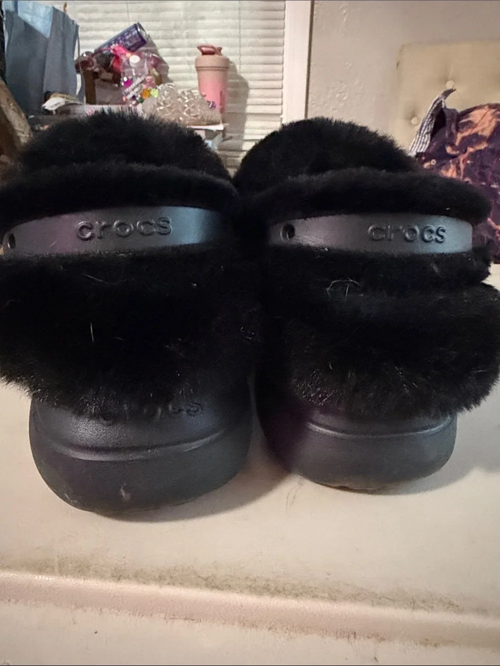 CROCS Kids Black Faux-Fur Clog with Glitter Bow Charm
